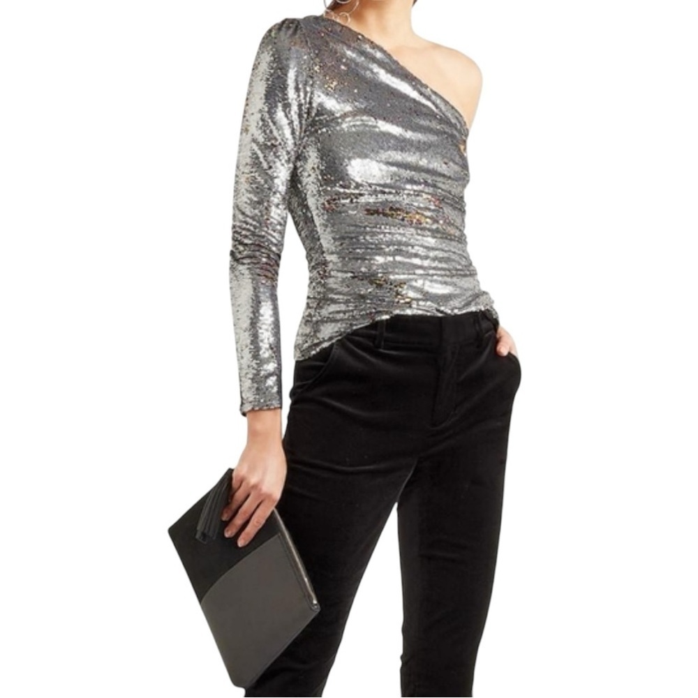 MAJE Loinita‎ Argent Metallic Sequined One Shoulder Top